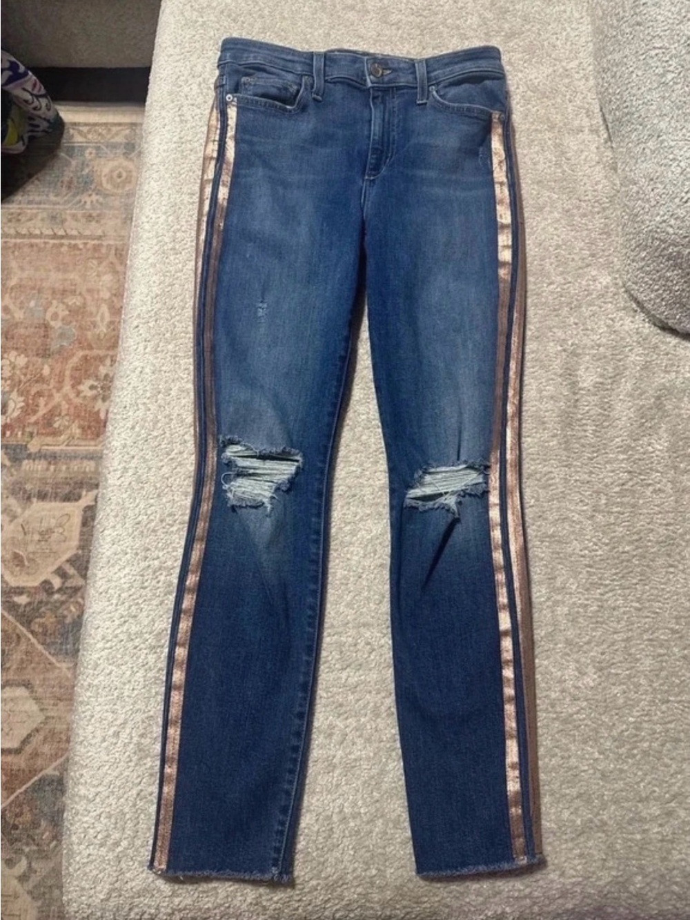 Joe's Jeans Dark Blue Skinny Jeans with Rose Gold Side Stripes
